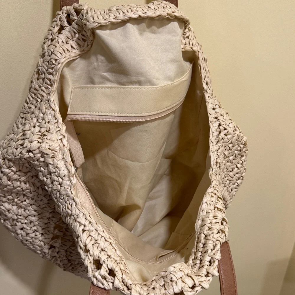 Beige Woven Tote Bag with Brown Straps - Picture 12 of 15